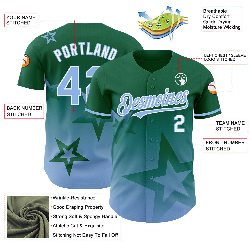 Custom Kelly Green Light Blue-White 3D Pattern Design Gradient Style Twinkle Star Authentic Baseball Jersey - Sky-Custom
