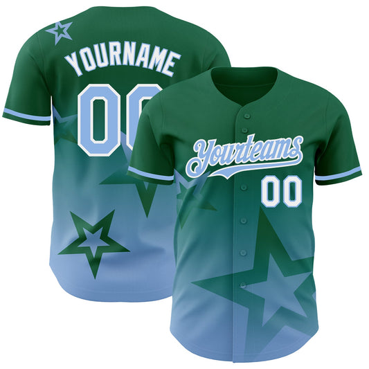 Custom Kelly Green Light Blue-White 3D Pattern Design Gradient Style Twinkle Star Authentic Baseball Jersey - Sky-Custom
