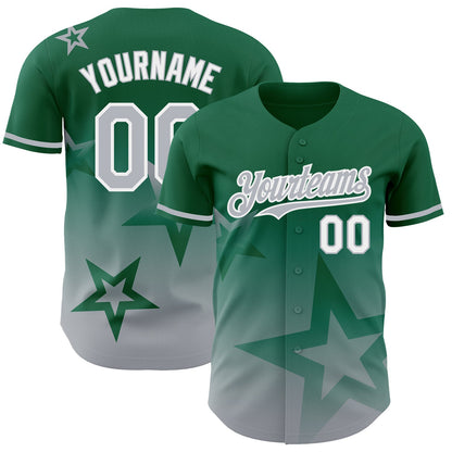 Custom Kelly Green Gray-White 3D Pattern Design Gradient Style Twinkle Star Authentic Baseball Jersey - Sky-Custom