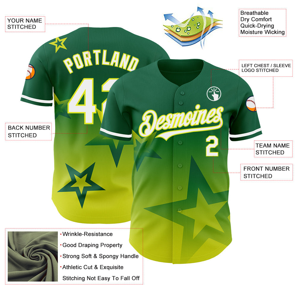 Custom Kelly Green White-Neon Yellow 3D Pattern Design Gradient Style Twinkle Star Authentic Baseball Jersey - Sky-Custom