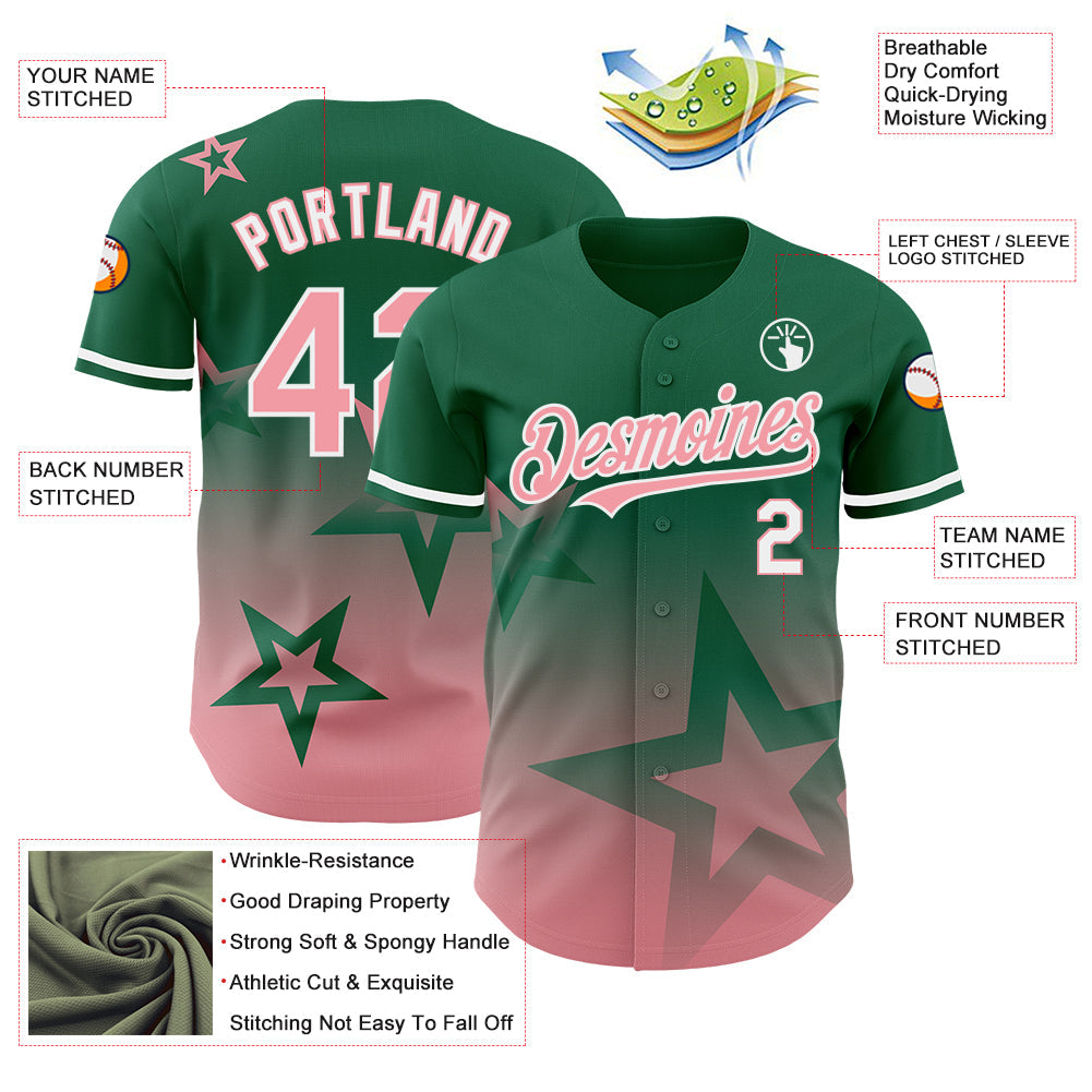 Custom Kelly Green Medium Pink-White 3D Pattern Design Gradient Style Twinkle Star Authentic Baseball Jersey - Sky-Custom