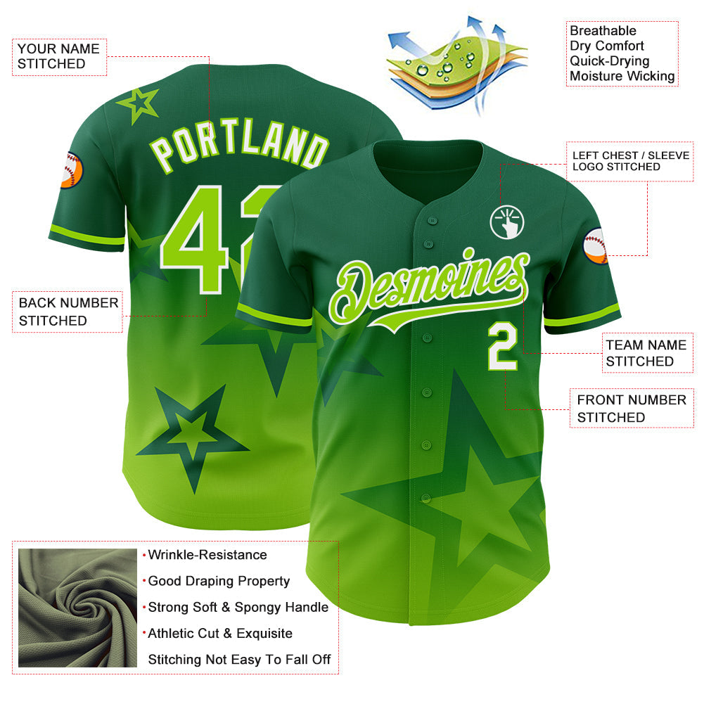 Custom Kelly Green Neon Green-White 3D Pattern Design Gradient Style Twinkle Star Authentic Baseball Jersey - Sky-Custom