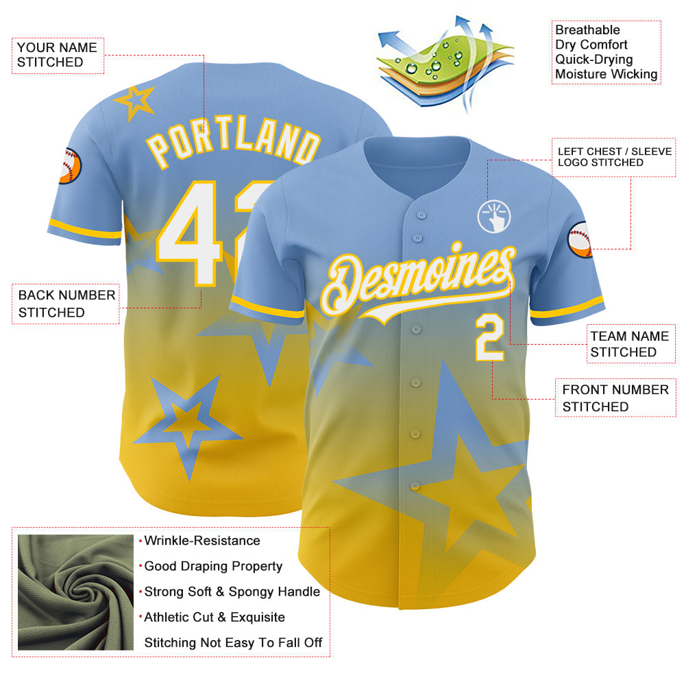 Custom Light Blue White-Yellow 3D Pattern Design Gradient Style Twinkle Star Authentic Baseball Jersey - Sky-Custom