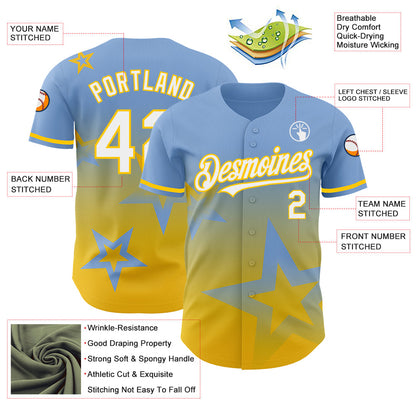 Custom Light Blue White-Yellow 3D Pattern Design Gradient Style Twinkle Star Authentic Baseball Jersey - Sky-Custom