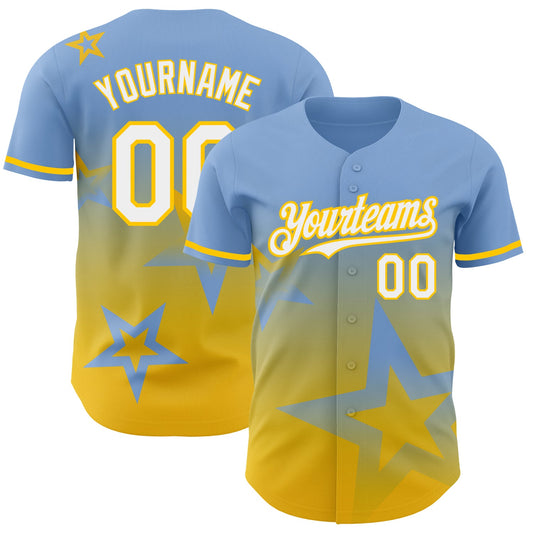 Custom Light Blue White-Yellow 3D Pattern Design Gradient Style Twinkle Star Authentic Baseball Jersey - Sky-Custom