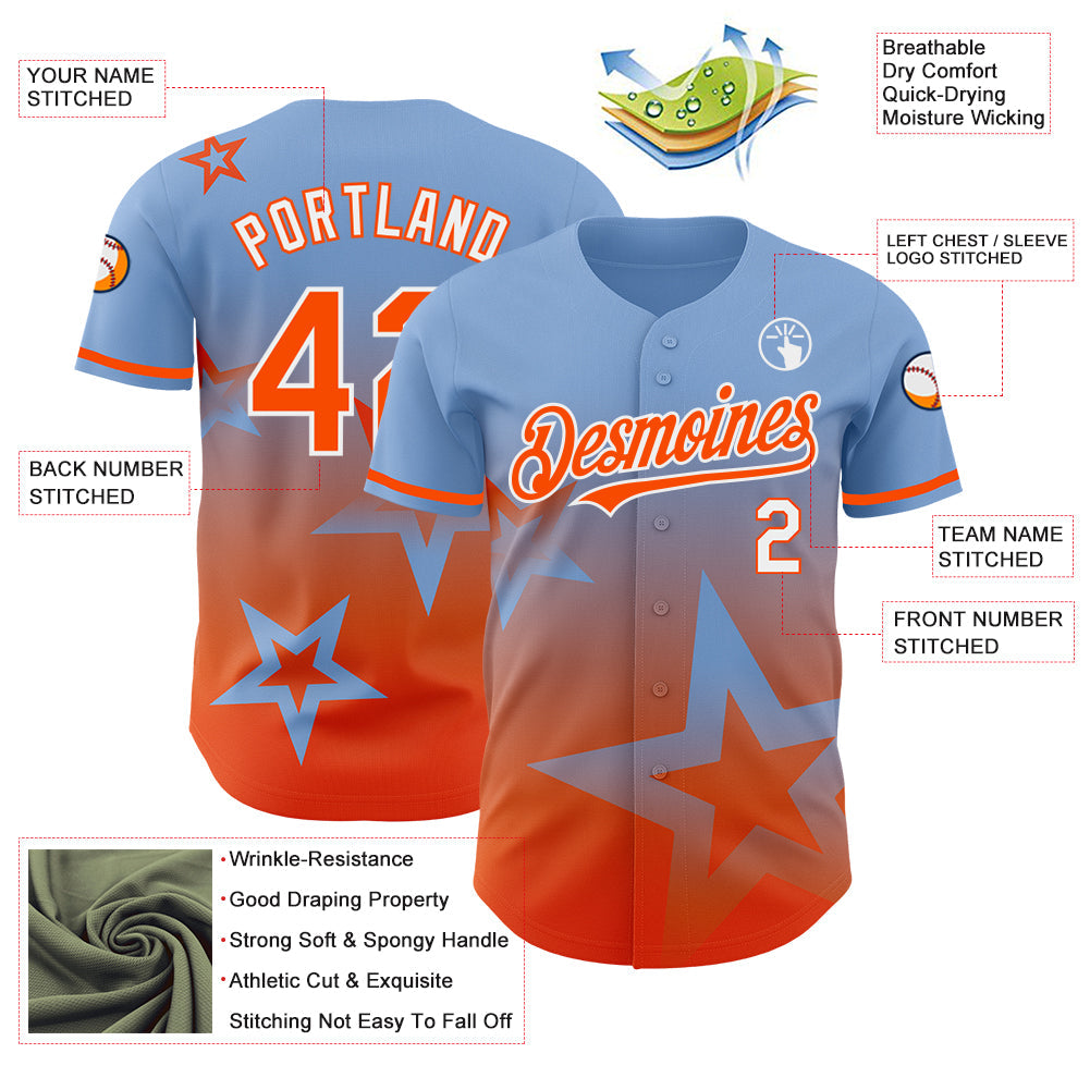 Custom Light Blue Orange-White 3D Pattern Design Gradient Style Twinkle Star Authentic Baseball Jersey - Sky-Custom