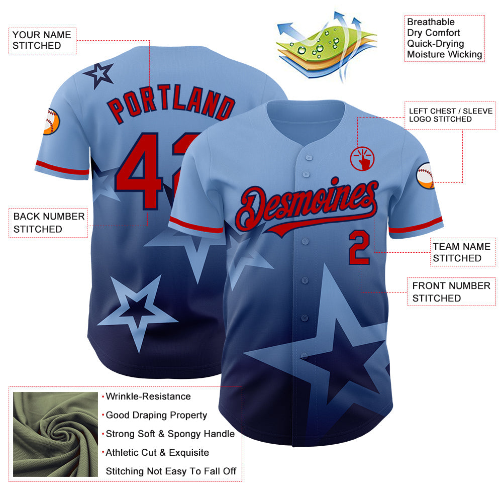 Custom Light Blue Red-Navy 3D Pattern Design Gradient Style Twinkle Star Authentic Baseball Jersey - Sky-Custom