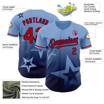 Custom Light Blue Red-Navy 3D Pattern Design Gradient Style Twinkle Star Authentic Baseball Jersey - Sky-Custom