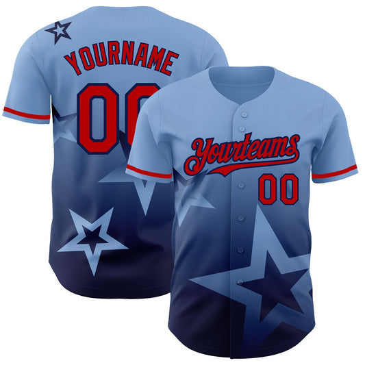 Custom Light Blue Red-Navy 3D Pattern Design Gradient Style Twinkle Star Authentic Baseball Jersey - Sky-Custom