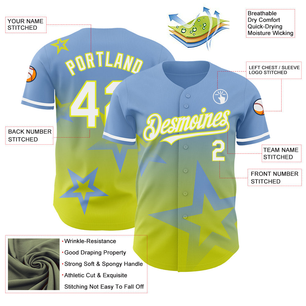 Custom Light Blue White-Neon Yellow 3D Pattern Design Gradient Style Twinkle Star Authentic Baseball Jersey - Sky-Custom