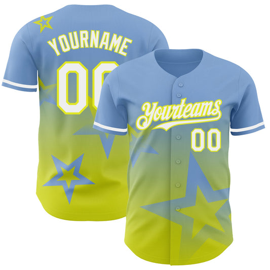 Custom Light Blue White-Neon Yellow 3D Pattern Design Gradient Style Twinkle Star Authentic Baseball Jersey - Sky-Custom