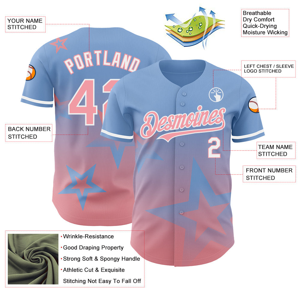 Custom Light Blue Medium Pink-White 3D Pattern Design Gradient Style Twinkle Star Authentic Baseball Jersey - Sky-Custom