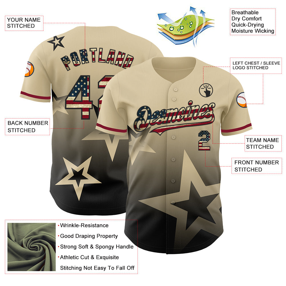 Custom Cream Vintage USA Flag-Black 3D Pattern Design Gradient Style Twinkle Star Authentic Baseball Jersey - Sky-Custom