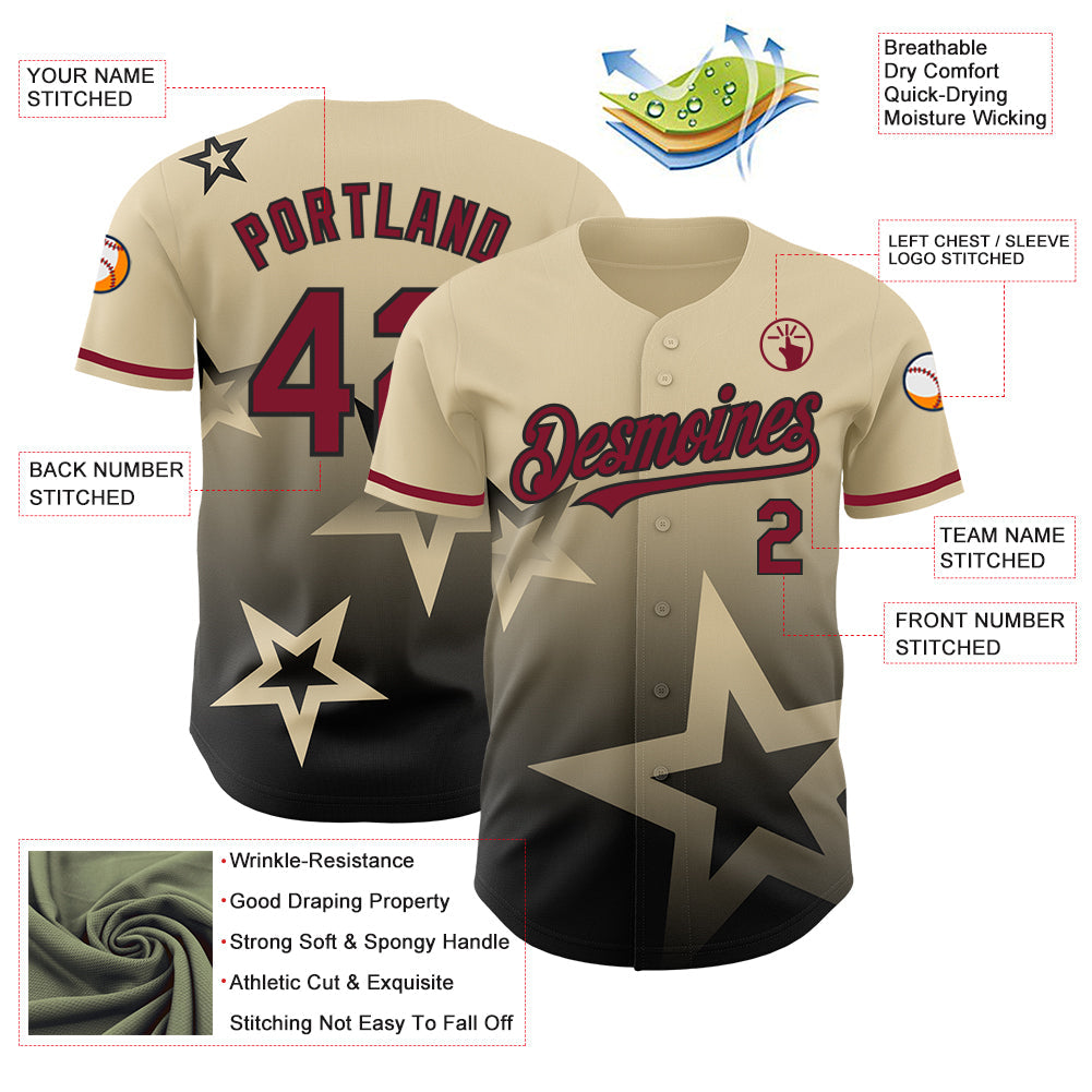 Custom Cream Crimson-Black 3D Pattern Design Gradient Style Twinkle Star Authentic Baseball Jersey - Sky-Custom
