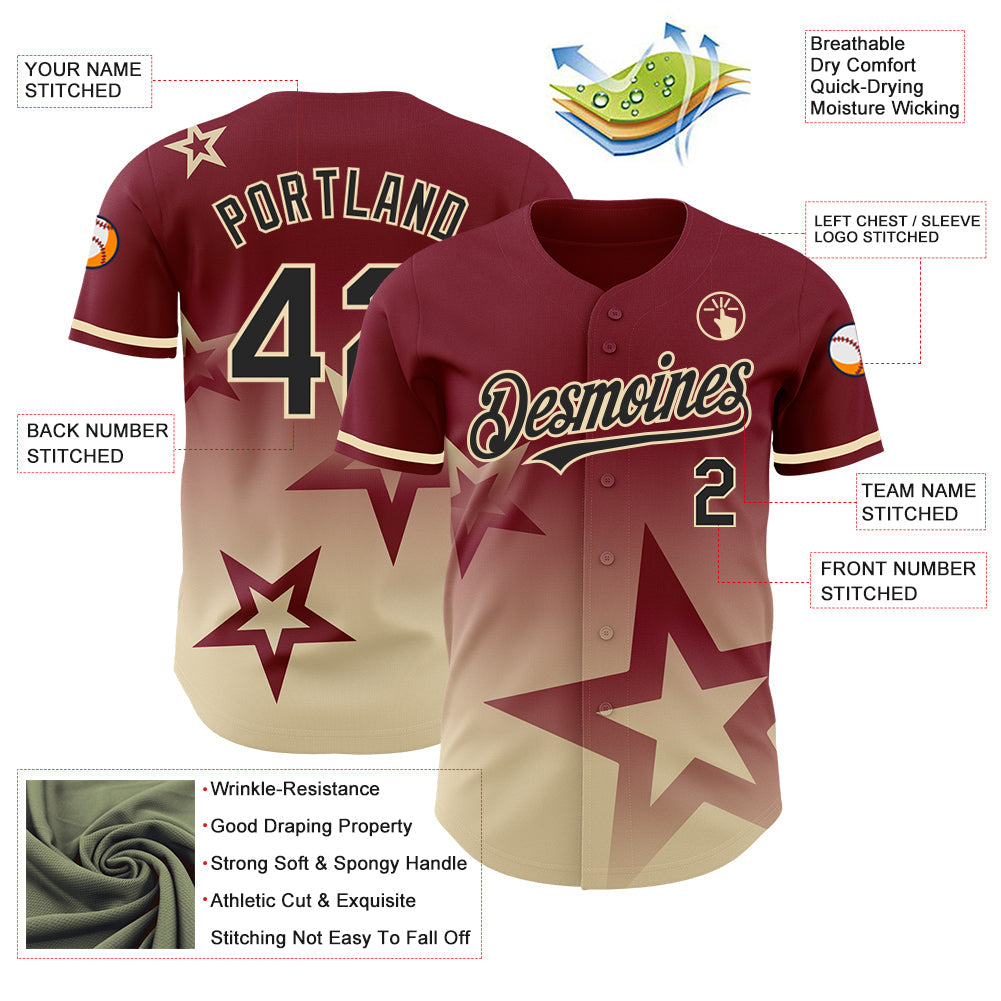 Custom Crimson Black-Cream 3D Pattern Design Gradient Style Twinkle Star Authentic Baseball Jersey - Sky-Custom