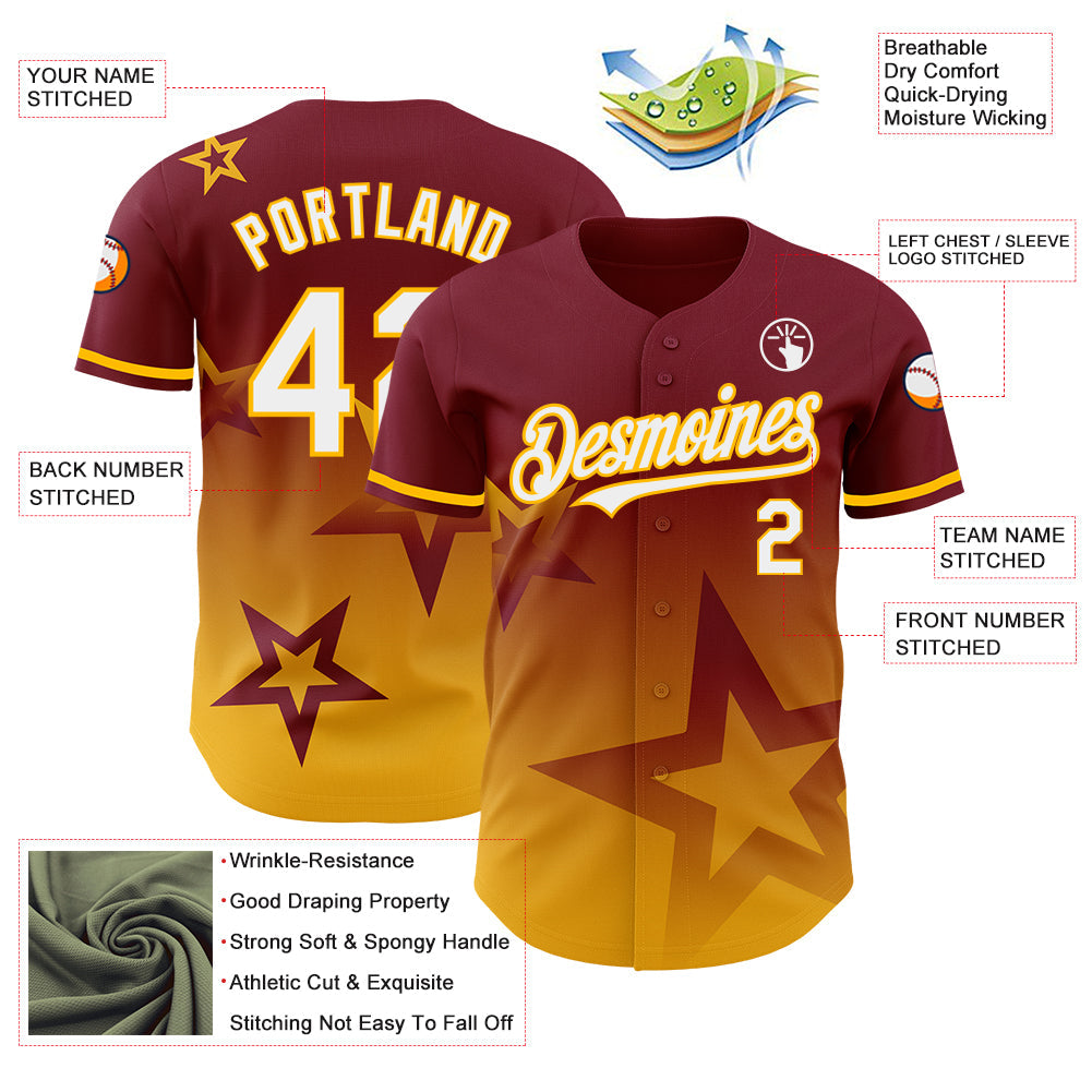 Custom Crimson White-Gold 3D Pattern Design Gradient Style Twinkle Star Authentic Baseball Jersey - Sky-Custom
