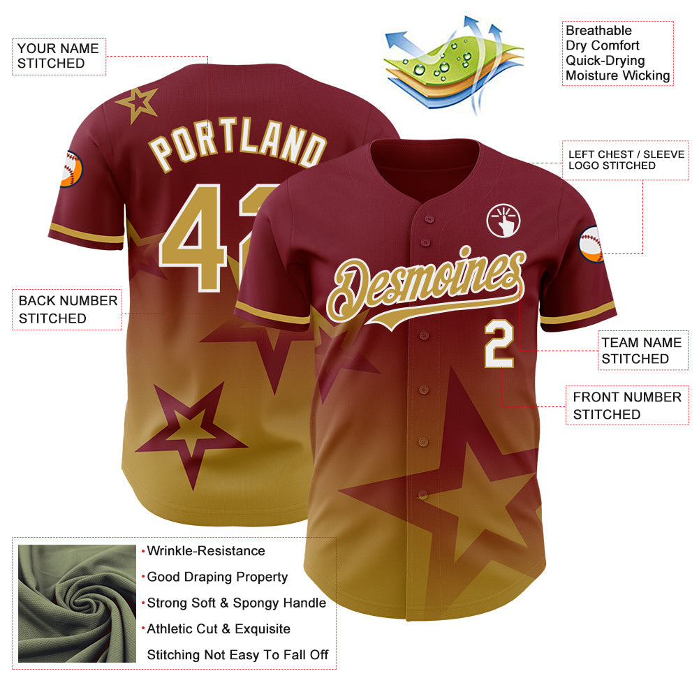 Custom Crimson Old Gold-White 3D Pattern Design Gradient Style Twinkle Star Authentic Baseball Jersey - Sky-Custom