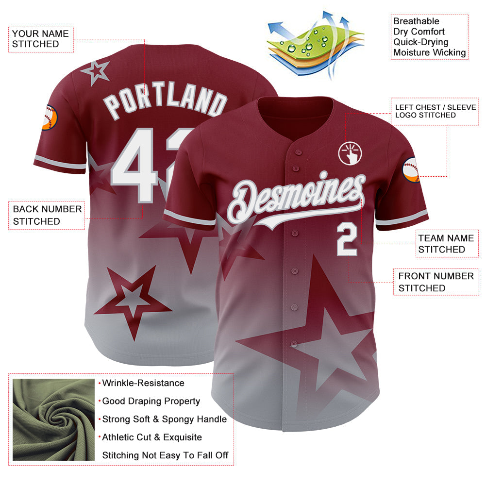 Custom Crimson White-Gray 3D Pattern Design Gradient Style Twinkle Star Authentic Baseball Jersey - Sky-Custom