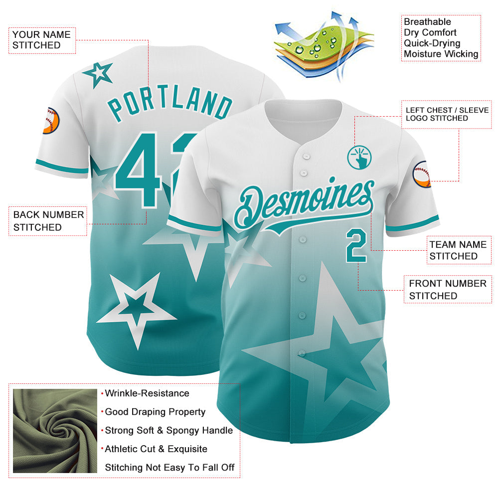 Custom White Teal 3D Pattern Design Gradient Style Twinkle Star Authentic Baseball Jersey - Sky-Custom