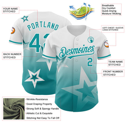 Custom White Teal 3D Pattern Design Gradient Style Twinkle Star Authentic Baseball Jersey - Sky-Custom
