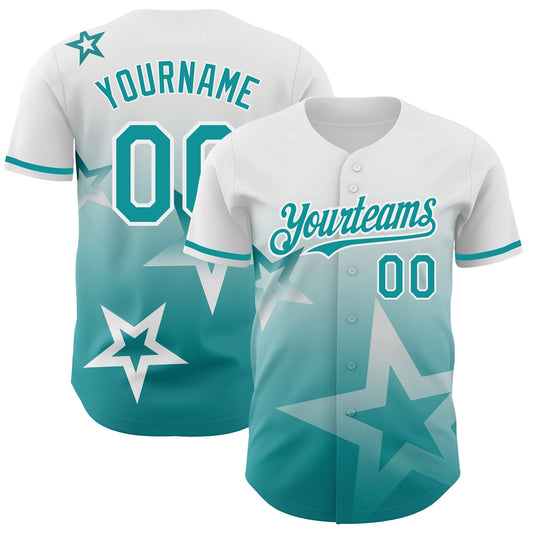 Custom White Teal 3D Pattern Design Gradient Style Twinkle Star Authentic Baseball Jersey - Sky-Custom