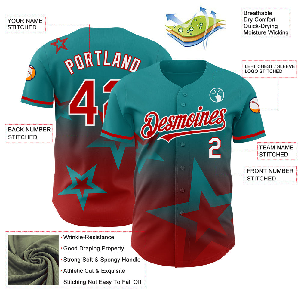 Custom Teal Red-White 3D Pattern Design Gradient Style Twinkle Star Authentic Baseball Jersey - Sky-Custom
