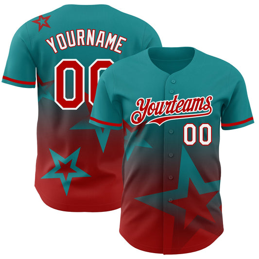 Custom Teal Red-White 3D Pattern Design Gradient Style Twinkle Star Authentic Baseball Jersey - Sky-Custom