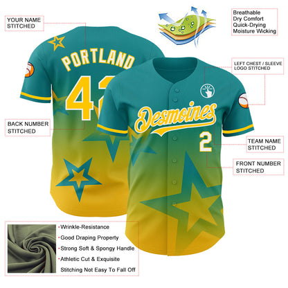 Custom Teal Yellow-White 3D Pattern Design Gradient Style Twinkle Star Authentic Baseball Jersey - Sky-Custom