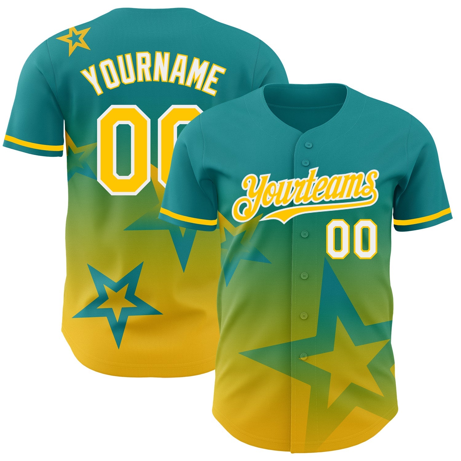 Custom Teal Yellow-White 3D Pattern Design Gradient Style Twinkle Star Authentic Baseball Jersey - Sky-Custom
