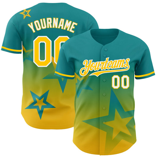 Custom Teal Yellow-White 3D Pattern Design Gradient Style Twinkle Star Authentic Baseball Jersey - Sky-Custom