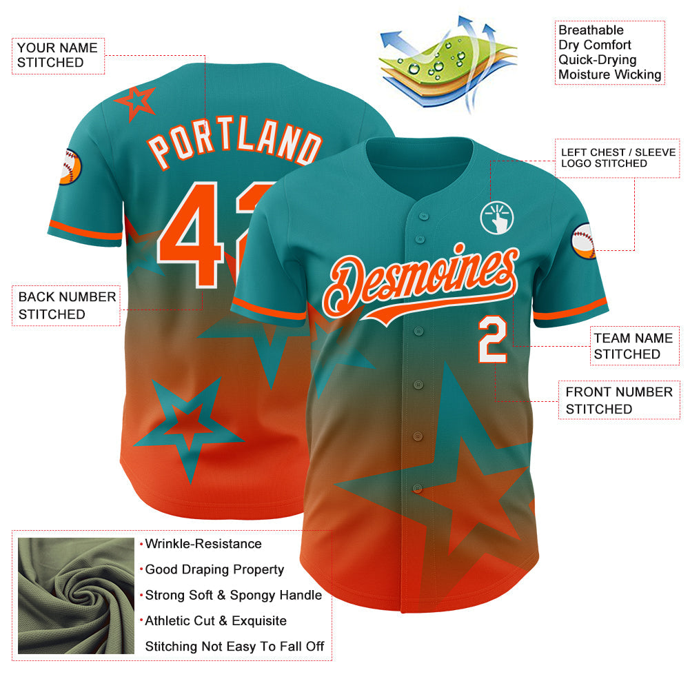 Custom Teal Orange-White 3D Pattern Design Gradient Style Twinkle Star Authentic Baseball Jersey - Sky-Custom