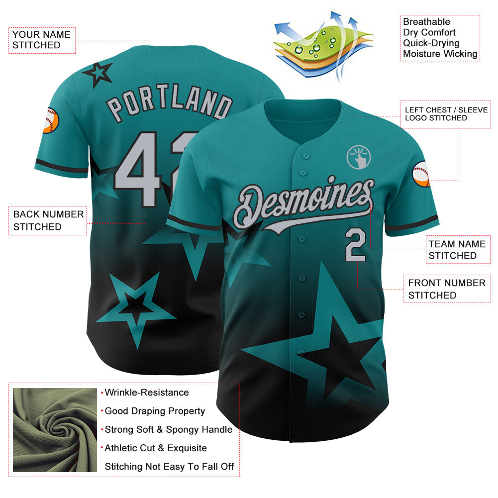 Custom Teal Gray-Black 3D Pattern Design Gradient Style Twinkle Star Authentic Baseball Jersey - Sky-Custom