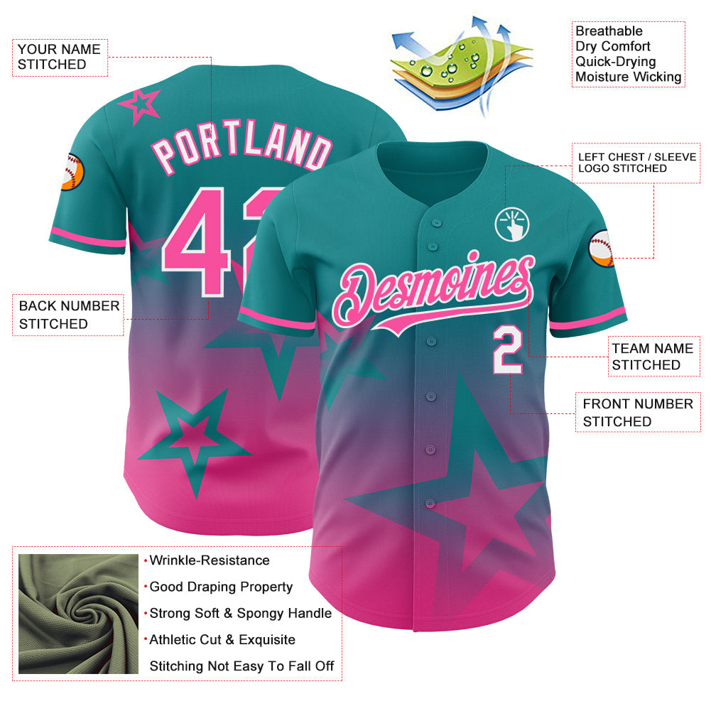 Custom Teal Pink-White 3D Pattern Design Gradient Style Twinkle Star Authentic Baseball Jersey - Sky-Custom