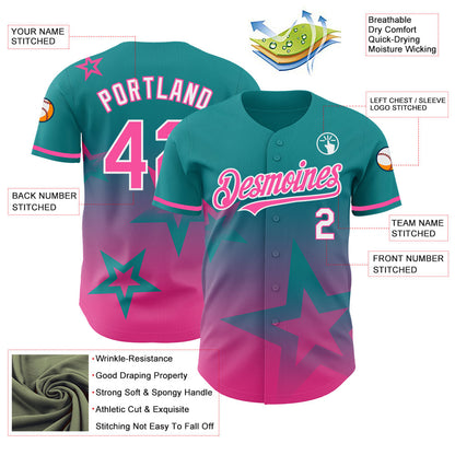 Custom Teal Pink-White 3D Pattern Design Gradient Style Twinkle Star Authentic Baseball Jersey - Sky-Custom