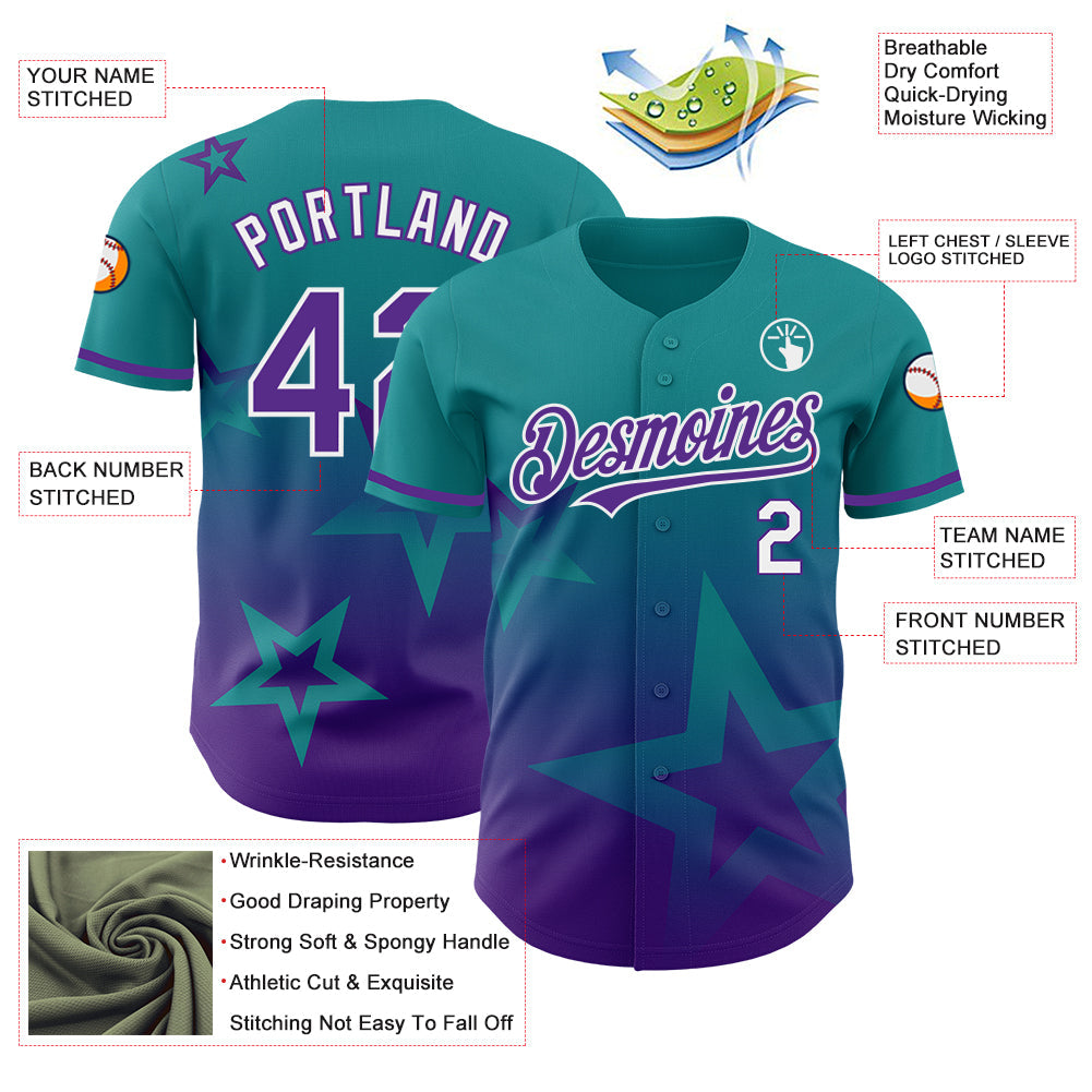 Custom Teal Purple-White 3D Pattern Design Gradient Style Twinkle Star Authentic Baseball Jersey - Sky-Custom