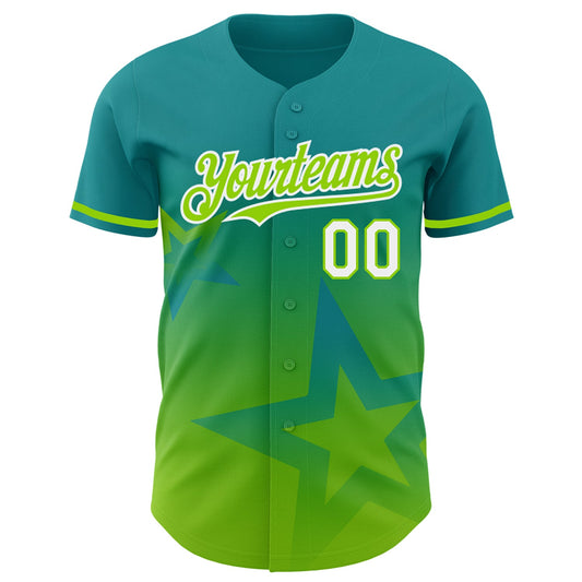 Custom Teal Neon Green-White 3D Pattern Design Gradient Style Twinkle Star Authentic Baseball Jersey - Sky-Custom