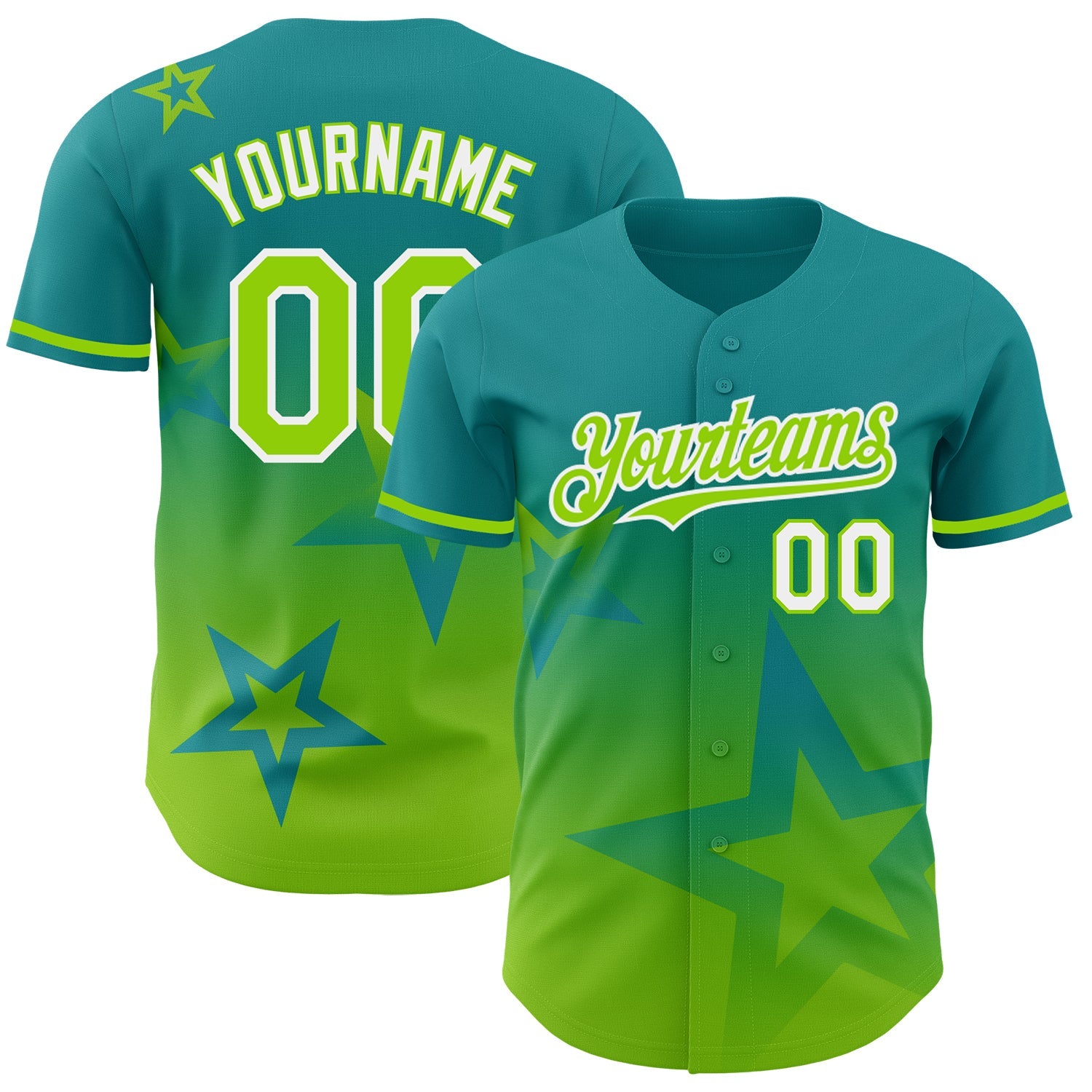 Custom Teal Neon Green-White 3D Pattern Design Gradient Style Twinkle Star Authentic Baseball Jersey - Sky-Custom