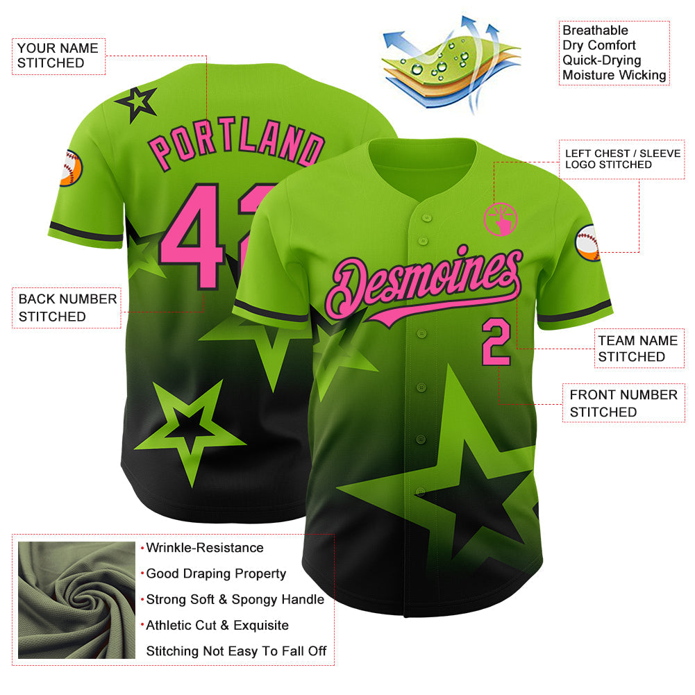 Custom Neon Green Pink-Black 3D Pattern Design Gradient Style Twinkle Star Authentic Baseball Jersey - Sky-Custom