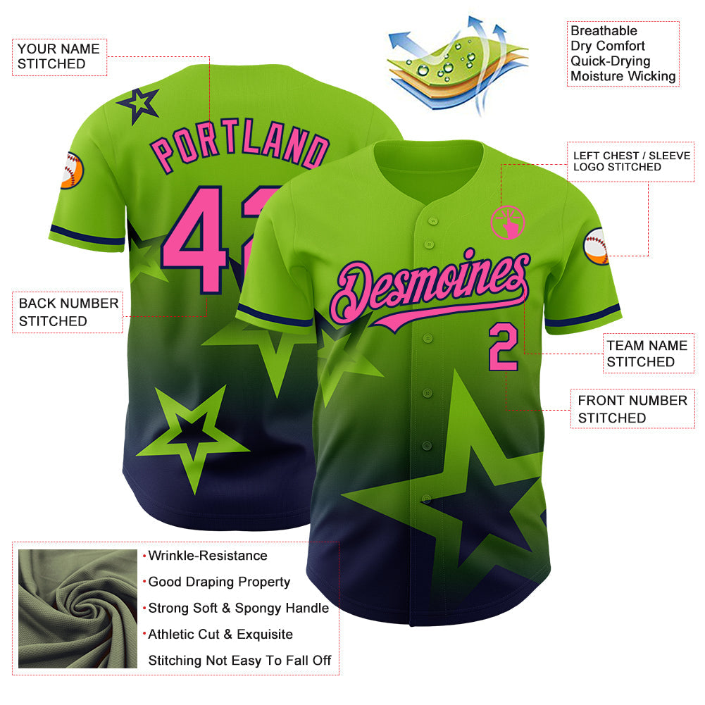 Custom Neon Green Pink-Navy 3D Pattern Design Gradient Style Twinkle Star Authentic Baseball Jersey - Sky-Custom