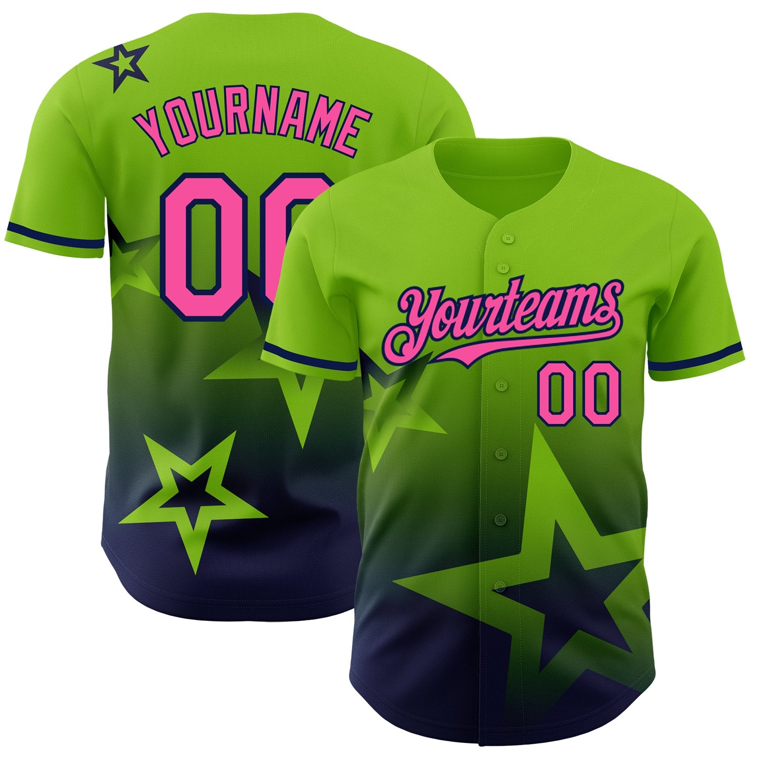 Custom Neon Green Pink-Navy 3D Pattern Design Gradient Style Twinkle Star Authentic Baseball Jersey - Sky-Custom