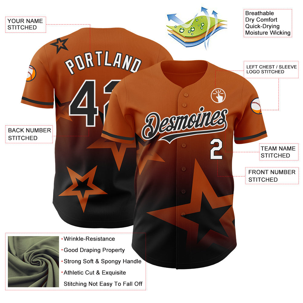 Custom Texas Orange Black-White 3D Pattern Design Gradient Style Twinkle Star Authentic Baseball Jersey - Sky-Custom