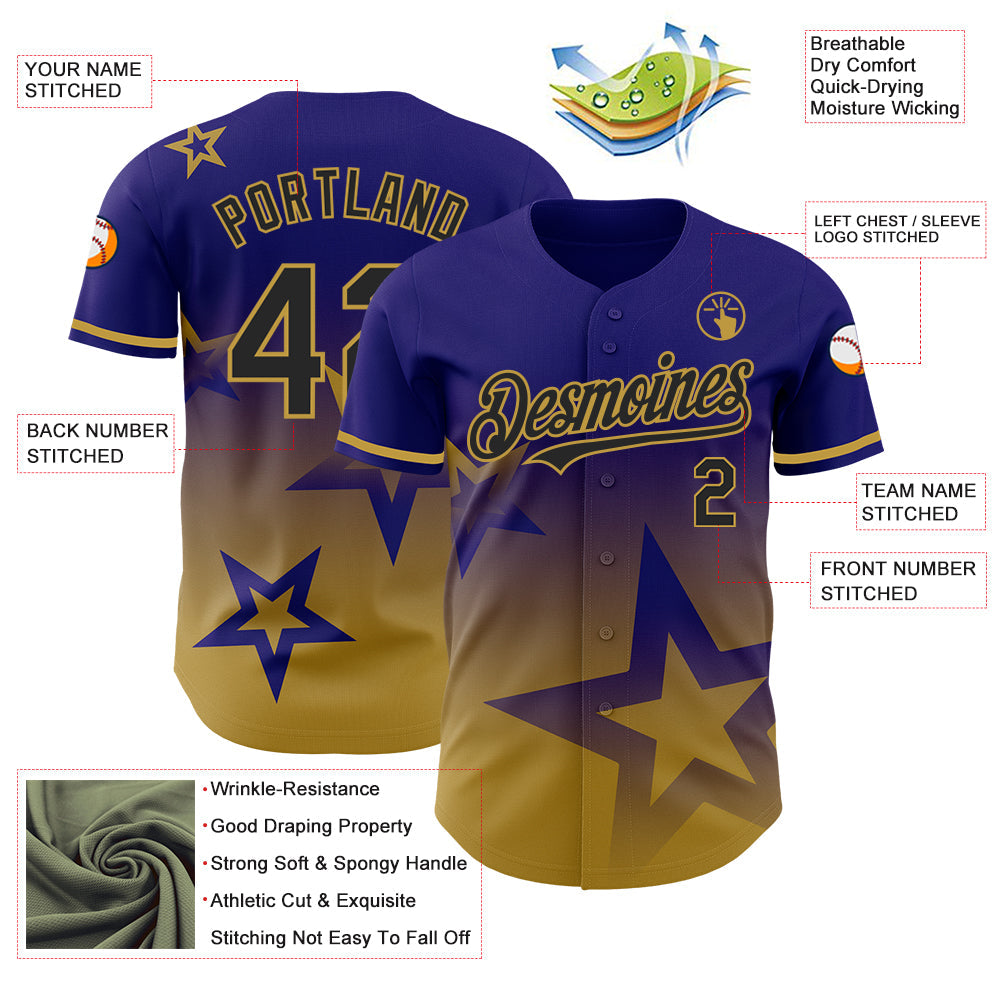 Custom Dark Purple Black-Old Gold 3D Pattern Design Gradient Style Twinkle Star Authentic Baseball Jersey - Sky-Custom