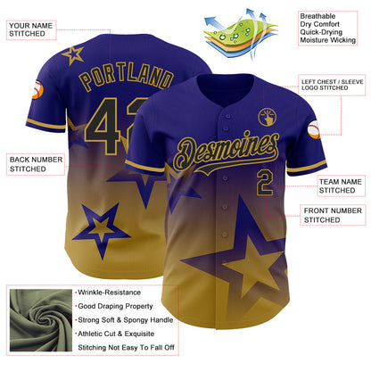Custom Dark Purple Black-Old Gold 3D Pattern Design Gradient Style Twinkle Star Authentic Baseball Jersey - Sky-Custom