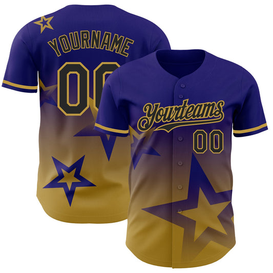 Custom Dark Purple Black-Old Gold 3D Pattern Design Gradient Style Twinkle Star Authentic Baseball Jersey - Sky-Custom