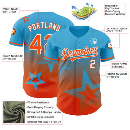 Custom Sky Blue Orange-White 3D Pattern Design Gradient Style Twinkle Star Authentic Baseball Jersey - Sky-Custom