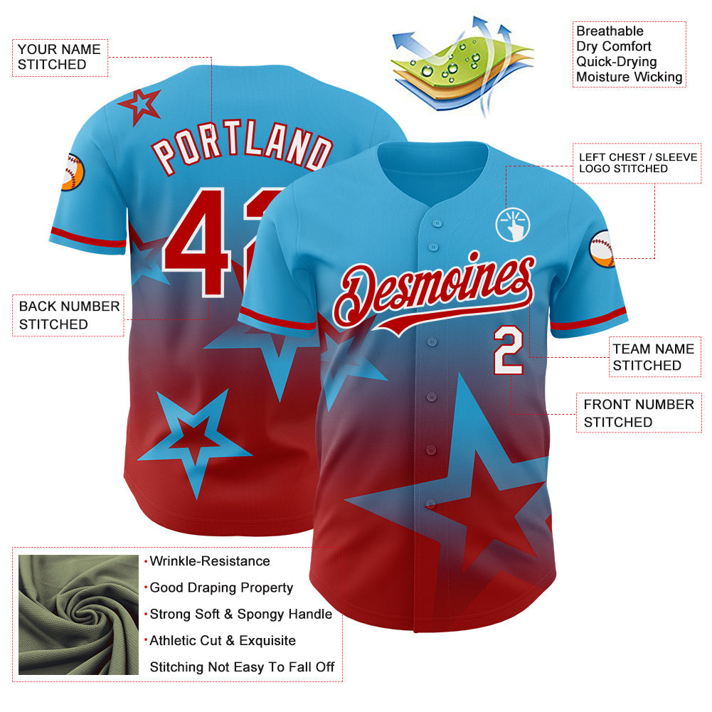 Custom Sky Blue Red-White 3D Pattern Design Gradient Style Twinkle Star Authentic Baseball Jersey - Sky-Custom