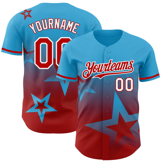 Custom Sky Blue Red-White 3D Pattern Design Gradient Style Twinkle Star Authentic Baseball Jersey - Sky-Custom