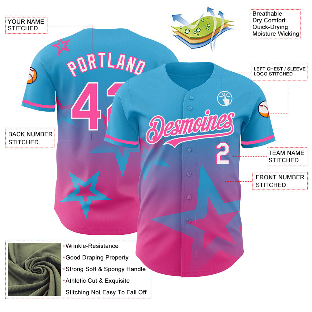 Custom Sky Blue Pink-White 3D Pattern Design Gradient Style Twinkle Star Authentic Baseball Jersey - Sky-Custom