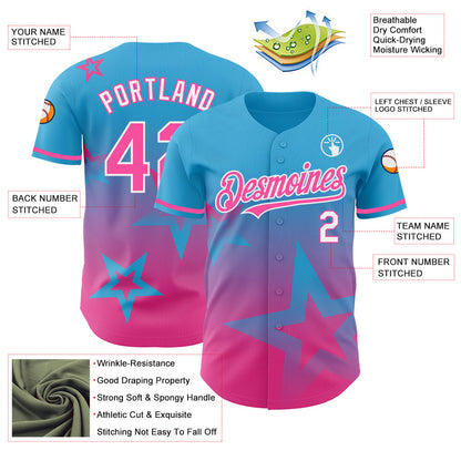 Custom Sky Blue Pink-White 3D Pattern Design Gradient Style Twinkle Star Authentic Baseball Jersey - Sky-Custom