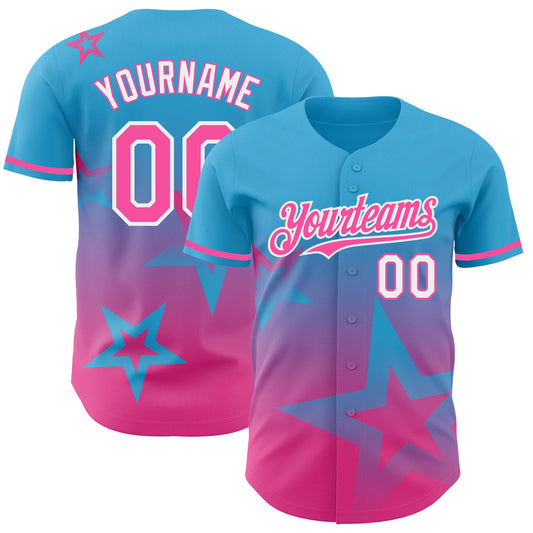 Custom Sky Blue Pink-White 3D Pattern Design Gradient Style Twinkle Star Authentic Baseball Jersey - Sky-Custom